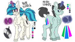 Size: 2560x1440 | Tagged: safe, artist:eleamorbid, dj pon-3, neon lights, rising star, vinyl scratch, pony, unicorn, alternate cutie mark, alternate universe, chest fluff, curved horn, cutie mark, dock, duo, ear fluff, female, glasses, looking back, male, mare, reference sheet, simple background, smiling, stallion, transparent background