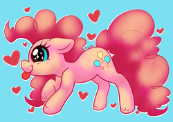 Size: 1280x907 | Tagged: safe, artist:ponycide, pinkie pie, earth pony, pony, :p, blue background, female, heart, mare, mlem, ponk, silly, simple background, solo, tongue out