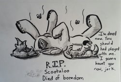 Size: 1280x867 | Tagged: safe, artist:shoeunit, scootaloo, pegasus, pony, female, filly, flies, mare, monochrome, not dead, on back, playing dead, simple background, solo, tongue out, traditional art, white background