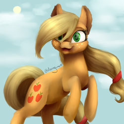 Size: 4000x4000 | Tagged: safe, artist:elicorngamer, applejack, earth pony, pony, blonde, cutie mark, female, happy, hatless, looking at you, missing accessory, rearing, signature, simple background, smiling, solo, sun, white background