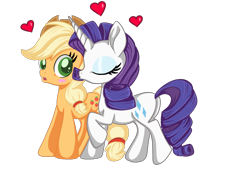 Size: 1024x768 | Tagged: safe, artist:sparkleshadow, applejack, rarity, earth pony, pony, unicorn, blushing, cute, eyes closed, female, heart, lesbian, rarijack, shipping, simple background, surprised, transparent background