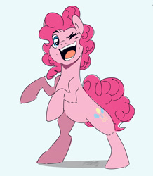 Size: 2100x2408 | Tagged: safe, artist:nolycs, pinkie pie, earth pony, pony, bipedal, blue background, female, looking at you, mare, one eye closed, open mouth, signature, simple background, solo, wink