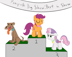 Size: 1200x950 | Tagged: safe, artist:mightyshockwave, ripley, scootaloo, sweetie belle, dog, pegasus, pony, unicorn, forever filly, behaving like a dog, collar, dog show, eyes closed, female, filly, floppy ears, frown, glare, irish terrier, lidded eyes, open mouth, pony pet, scootapup, simple background, smiling, smug, tail wag, text, tongue out, unamused, wat, white background