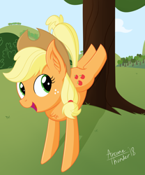 Size: 2500x3000 | Tagged: safe, artist:arcane-thunder, applejack, earth pony, pony, applebucking, cowboy hat, digital art, female, hat, high res, mare, open mouth, signature, solo, stetson, tree