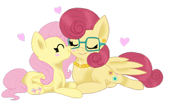 Size: 1024x603 | Tagged: safe, artist:theblankmind, fluttershy, posey shy, pegasus, pony, blush sticker, blushing, cute, duo, eyes closed, female, heart, kissing, like mother like daughter, mare, mother and child, mother and daughter, nuzzling, parent and child, profile, prone, shyabetes, simple background, sweet dreams fuel, transparent background