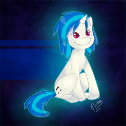 Size: 1024x1024 | Tagged: safe, artist:breathly, dj pon-3, vinyl scratch, pony, unicorn, cutie mark, glow, grin, missing accessory, pink eyes, sitting, smiling, solo