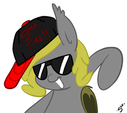 Size: 492x436 | Tagged: safe, artist:silver1kunai, oc, oc only, oc:soma, bat pony, pony, female, hat, mare, simple background, smiling, solo, sunglasses, white background