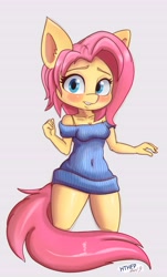 Size: 4548x7524 | Tagged: safe, artist:hthfp-da, fluttershy, anthro, alternate hairstyle, bare shoulders, blushing, clothes, cute, ear fluff, female, gray background, shoulderless, shyabetes, simple background, skintight clothes, solo, sweater, sweatershy