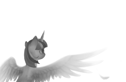 Size: 1024x673 | Tagged: safe, artist:ghst-qn, twilight sparkle, twilight sparkle (alicorn), alicorn, pony, facing away, grayscale, monochrome, sad, simple background, solo, spread wings, white background, wings