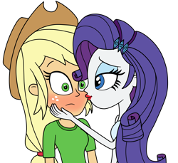 Size: 1678x1537 | Tagged: safe, artist:eagc7, applejack, rarity, human, equestria girls, blushing, clothes, female, kissing, lesbian, lipstick, rarijack, shipping, simple background, sleeveless, transparent background