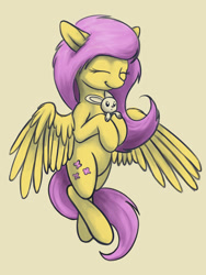 Size: 1250x1658 | Tagged: safe, artist:cyonixcymatro, angel bunny, fluttershy, pegasus, pony, cute, duo, eyes closed, female, flying, hoof hold, mare, shyabetes, simple background, smiling, spread wings, three quarter view, wings