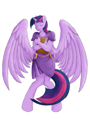 Size: 877x1240 | Tagged: safe, artist:alixnight, twilight sparkle, twilight sparkle (alicorn), alicorn, anthro, unguligrade anthro, book, clothes, eyes closed, krita, simple background, solo, white background