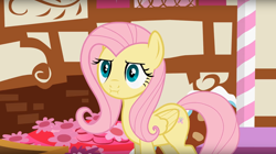 Size: 1674x935 | Tagged: safe, artist:forgalorga, screencap, fluttershy, pegasus, pony, :i, fluttershy is not amused, pony and magical artifact, puffy cheeks, solo, unamused, youtube link