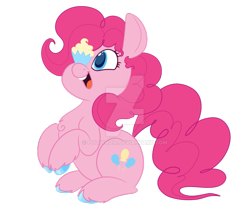 Size: 1023x869 | Tagged: safe, artist:pollyroid, pinkie pie, earth pony, pony, cupcake, deviantart watermark, food, obtrusive watermark, ponies balancing stuff on their nose, simple background, solo, transparent background, watermark