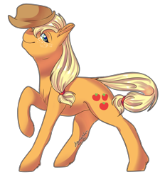 Size: 1280x1378 | Tagged: safe, artist:dreamcatcher, applejack, earth pony, pony, cowboy hat, cutie mark, female, freckles, hat, looking at you, mare, outline, raised hoof, simple background, smiling, solo, stetson, transparent background, trick