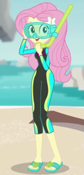 Size: 343x708 | Tagged: safe, screencap, fluttershy, better together, equestria girls, unsolved selfie mysteries, beach, clothes, cropped, cute, diving goggles, diving suit, feet, flip-flops, geode of fauna, magical geodes, ocean, sandals, shorts, shyabetes, snorkel, solo, swimsuit, wetsuit