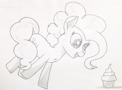 Size: 2928x2167 | Tagged: safe, artist:adjierakapangestu, pinkie pie, earth pony, pony, cupcake, female, food, jumping, solo, traditional art