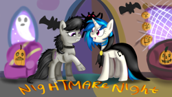 Size: 1280x720 | Tagged: safe, artist:jbond, dj pon-3, octavia melody, vinyl scratch, earth pony, pony, undead, vampire, vampony, werewolf, clothes, costume, fangs, halloween, holiday, nightmare night, pumpkin, text