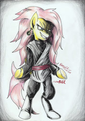 Size: 1651x2331 | Tagged: safe, artist:3500joel, fluttershy, anthro, unguligrade anthro, arm hooves, badass, clothes, flutterbadass, fluttershy black, goku black, solo, traditional art