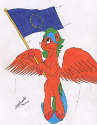 Size: 2246x2886 | Tagged: safe, artist:summerium, oc, oc only, oc:summer lights, pegasus, pony, europe, european union, flag, flying, glasses, male, simple background, solo, spread wings, stallion, traditional art, white background, wings