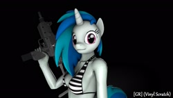 Size: 1920x1080 | Tagged: safe, artist:gr-vinyl-scratch, dj pon-3, vinyl scratch, anthro, 3d, bikini, clothes, dark background, gun, looking at you, source filmmaker, striped swimsuit, submachinegun, swimsuit, weapon