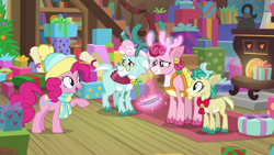 Size: 1280x720 | Tagged: safe, screencap, alice the reindeer, aurora the reindeer, bori the reindeer, pinkie pie, pony, best gift ever