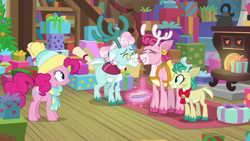 Size: 1280x720 | Tagged: safe, screencap, alice the reindeer, aurora the reindeer, bori the reindeer, pinkie pie, pony, best gift ever