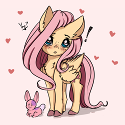 Size: 2000x2000 | Tagged: safe, artist:miokomata, fluttershy, pegasus, pony, rabbit, animal, chest fluff, cute, dialogue, exclamation point, female, freckles, heart, mare, shyabetes, signature, unshorn fetlocks, weapons-grade cute