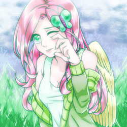 Size: 1000x1000 | Tagged: safe, alternate version, artist:pupil, fluttershy, human, clothes, dress, female, human coloration, humanized, looking at you, nail polish, one eye closed, solo, winged humanization, wings, wink