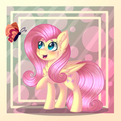 Size: 894x894 | Tagged: safe, artist:doucella, fluttershy, butterfly, pegasus, pony, beanbrows, bubble background, cheek fluff, chest fluff, cute, ear fluff, eyebrows, female, mare, open mouth, raised hoof, raised leg, shyabetes, solo