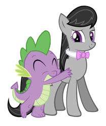 Size: 750x896 | Tagged: safe, artist:datbrass, edit, editor:undeadponysoldier, octavia melody, spike, dragon, earth pony, pony, cute, female, hug, male, mare, shipping, simple background, spikabetes, spiketavia, straight, vector, white background