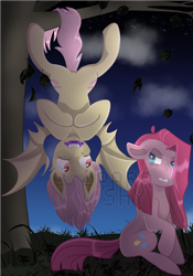 Size: 990x1415 | Tagged: safe, artist:parashy, fluttershy, pinkie pie, bat pony, pony, bat ponified, flutterbat, pinkamena diane pie, race swap, watermark