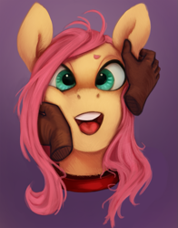 Size: 785x1000 | Tagged: safe, artist:derpyrider, fluttershy, pegasus, pony, bust, collar, disembodied hand, flutterpet, hand, open mouth, petting, pony pet, solo