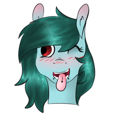 Size: 2000x2000 | Tagged: safe, artist:pinkcloudhugger, oc, oc only, oc:candy cloud, pony, blushing, bust, lip piercing, one eye closed, piercing, portrait, simple background, solo, tongue out, tongue piercing, white background