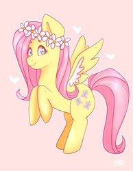 Size: 993x1280 | Tagged: safe, artist:octosprite, fluttershy, pegasus, pony, cute, floral head wreath, flower, heart, pink background, shyabetes, simple background, solo, two toned wings