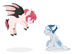 Size: 1298x939 | Tagged: safe, artist:pixiehannah, oc, oc only, oc:blood garter, oc:silver puff, oc:snow puff, bat pony, pony, cute, cute little fangs, ear fluff, fangs, hat, simple background, white background