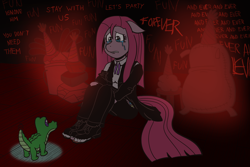 Size: 1800x1200 | Tagged: safe, artist:regularmouseboy, gummy, madame leflour, mr. turnip, pinkie pie, rocky, sir lintsalot, anthro, plantigrade anthro, party of one, clothes, crying, cutie mark, darkness, feet, hope, insanity, pinkamena diane pie, shoes, toes, torn clothes