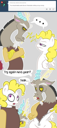 Size: 635x1403 | Tagged: safe, artist:strangerdanger, discord, surprise, ..., april fools, ask, ask surprise, clothes, comic, costume, dialogue, pony costume, tumblr