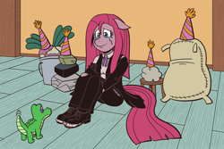 Size: 1800x1200 | Tagged: safe, artist:regularmouseboy, gummy, madame leflour, mr. turnip, pinkie pie, rocky, sir lintsalot, anthro, plantigrade anthro, party of one, clothes, crying, cutie mark, feet, hope, insanity, pinkamena diane pie, shoes, tears of joy, toes, torn clothes