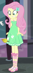 Size: 429x945 | Tagged: safe, screencap, fluttershy, better together, equestria girls, street chic, bare shoulders, clothes, feet, female, geode of fauna, legs, magical geodes, sandals, sleeveless, strapless, summer dress