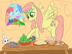 Size: 1120x840 | Tagged: safe, artist:ara, angel bunny, fluttershy, pinkie pie, earth pony, fish, pegasus, pony, rabbit, alternate hairstyle, animal, cutie mark, dead, female, flower, flower pot, fluttershy's cottage, flying, food, hairband, juice, mare, salad, table, whistling, x eyes