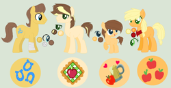 Size: 1376x708 | Tagged: safe, artist:crystalllight, applejack, caramel, oc, earth pony, pony, carajack, colored pupils, colt, family, female, green background, hatless, male, missing accessory, neckerchief, offspring, parent:applejack, parent:caramel, parents:carajack, reference sheet, shipping, simple background, stallion, straight