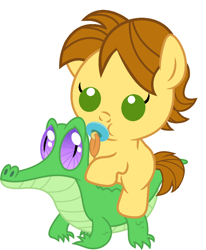 Size: 836x1017 | Tagged: safe, artist:red4567, gummy, oc, oc:mandopony, pony, baby, baby pony, cute, pacifier, ponies riding gators, riding, simple background, white background