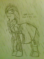 Size: 960x1280 | Tagged: safe, artist:derpanater, oc, oc only, oc:littlepip, pony, unicorn, fallout equestria, armor, clothes, coat, dripping, eyes closed, fanfic, fanfic art, female, floppy ears, hooves, horn, mare, pipbuck, rain, simple background, smiling, solo, standing in the rain, traditional art, vault suit, white background