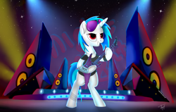 Size: 2821x1793 | Tagged: safe, artist:alexcooler, dj pon-3, vinyl scratch, pony, unicorn, background pony, bipedal, guitar, music, rock, rock (music), rock and roll, solo, speakers, standing, wrong eye color