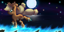 Size: 5000x2500 | Tagged: safe, artist:arxielle, applejack, earth pony, pony, beach, moon, night, running, solo, wave