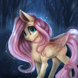 Size: 4000x4000 | Tagged: safe, artist:alissa1010, artist:miokomata, fluttershy, pegasus, pony, collaboration, absurd resolution, chest fluff, cute, cute little fangs, fangs, female, freckles, leg fluff, looking at you, mare, neck fluff, night, shyabetes, solo, wing fluff