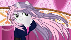 Size: 3840x2160 | Tagged: safe, artist:beavernator, sweetie belle, alternate hairstyle, bedroom eyes, clothes, grin, long mane, messy mane, necktie, smiling, solo, suit, windswept mane