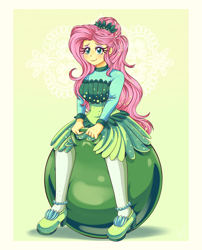 Size: 3400x4200 | Tagged: safe, artist:lucy-tan, fluttershy, equestria girls, absurd resolution, clothes, commission, cute, dress, female, full body, inflatable, shyabetes, smiling, solo, space hopper