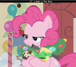 Size: 1770x1562 | Tagged: safe, screencap, pinkie pie, earth pony, pony, best gift ever, hearth's warming shorts, the great escape room, cropped, mid-blink screencap, solo, text